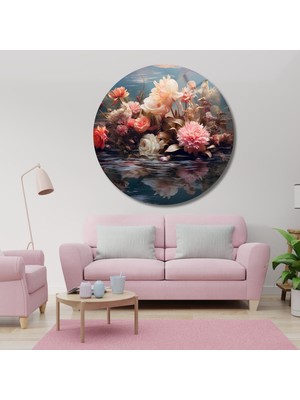 Gaagart Yuvarlak Temperli Gerçek Cam Tablo Soft Pastel Çiçek ve Yansıma