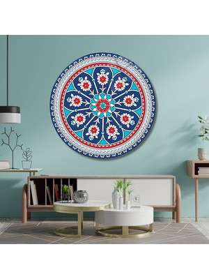 Gaagart Yuvarlak Temperli Gerçek Cam Tablo Mavi Kırmızı Çiçek Tasarımı