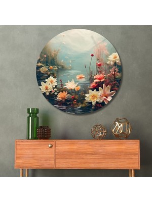 Gaagart Yuvarlak Temperli Gerçek Cam Tablo Su Üzerinde Pastel Çiçekler