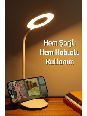 Şarjlı Masa Lambası Dokunmatik 3 Renk 24 LED Telefon Standlı Kademeli Çalışma Okuma Işığı