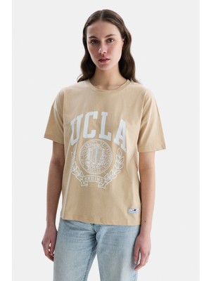 Ucla Avalon Kahve Bisiklet Yaka Baskılı %100 Pamuk Loose Fit Kadın Tshirt
