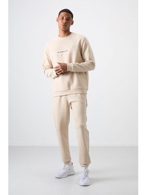 Air Jones Bej Pamuklu Kalın Yumuşak Dokulu Comfort Fit Baskılı Erkek Eşofman Takım - 85253