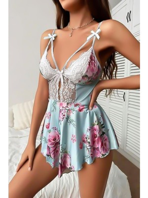 Bella Notte Romantik  Buz Mavisi Çiçek Desenli Tulum Gecelik