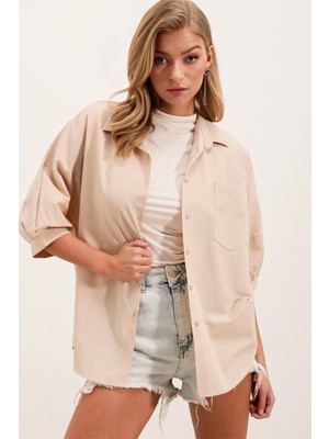 Bigdart 20213 Oversize Kısa Kol Basic Gömlek - Krem