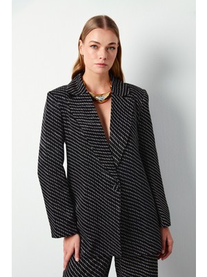 Sateen Çizgi Desenli Ceket - Siyah