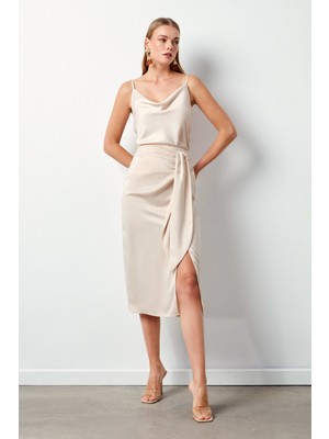 Sateen Bağlamalı Saten Etek - Taş