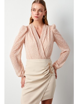 Sateen Desenli Kruvaze Bodysuit Bluz - Pudra