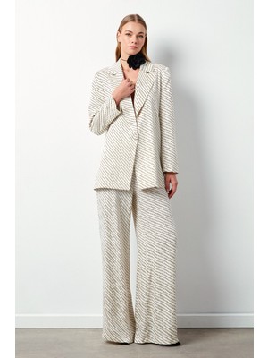 Sateen Çizgi Desenli Pantolon - Bej