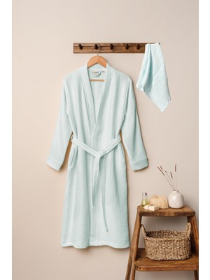 Unisex Kimono Müslin Bornoz + Havlu Seti Mint