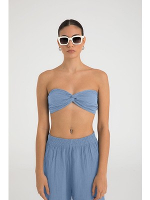 Sheismono Müslin Düğüm Crop Top Mavi