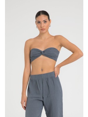 Sheismono Müslin Düğüm Crop Top Antrasit