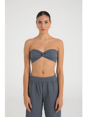 Sheismono Müslin Düğüm Crop Top Antrasit