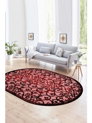 Napoli Home Dijital Kaymaz Yıkanabilir Modern Desen Oval Yolluk Mutfak Salon Halısı, N-O-Modern-32-Bordo,