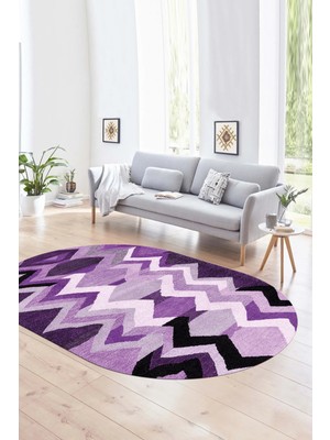 Napoli Home Dijital Kaymaz Yıkanabilir Modern Desen Oval Yolluk Mutfak Salon Halısı, N-O-Modern-24-Mor,