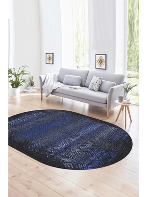 Napoli Home Dijital Kaymaz Yıkanabilir Modern Desen Oval Yolluk Mutfak Salon Halısı, N-O-Modern-28-Mavi,