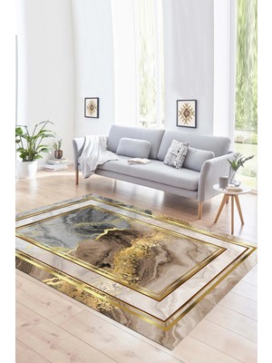 Napoli Home Dijital Baskılı Kaymaz Yıkanabilir Modern Desen Yolluk Mutfak Salon Halısı, N-Modern-46-Gold,
