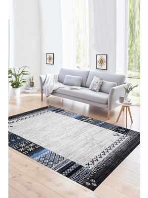 Napoli Home Dijital Baskılı Kaymaz Yıkanabilir Modern Desen Yolluk Mutfak Salon Halısı, N-MODERN-119-MAVİ,