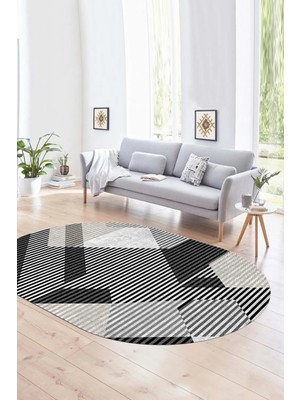 Napoli Home Dijital Kaymaz Yıkanabilir Modern Desen Oval Yolluk Mutfak Salon Halısı, N-O-Modern-09-Siyah,