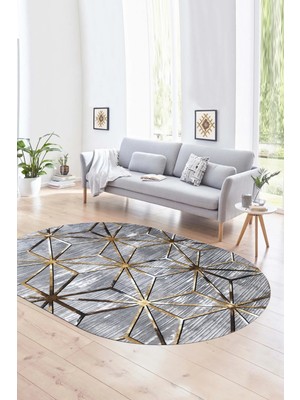Napoli Home Dijital Kaymaz Yıkanabilir Modern Desen Oval Yolluk Mutfak Salon Halısı, N-O-Modern-39-Gold,