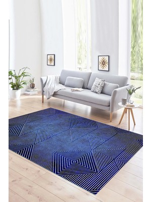 Napoli Home Dijital Baskılı Kaymaz Yıkanabilir Modern Desen Yolluk Mutfak Salon Halısı, N-MODERN-111-MAVİ,
