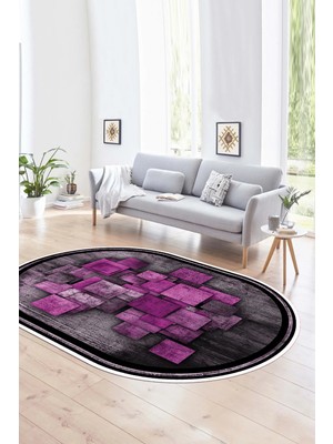 Napoli Home Dijital Kaymaz Yıkanabilir Modern Desen Oval Yolluk Mutfak Salon Halısı, N-O-Modern-13-Mor,