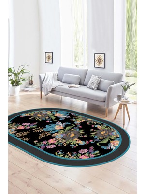 Napoli Home Dijital Kaymaz Yıkanabilir Modern Desen Oval Yolluk Mutfak Salon Halısı, N-O-Modern-16-Mavi,