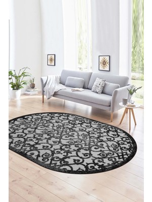 Napoli Home Dijital Kaymaz Yıkanabilir Modern Desen Oval Yolluk Mutfak Salon Halısı, N-O-Modern-32-Gri,