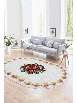 Napoli Home Dijital Kaymaz Yıkanabilir Modern Desen Oval Yolluk Mutfak Salon Halısı, N-O-Modern-20-Beyaz,