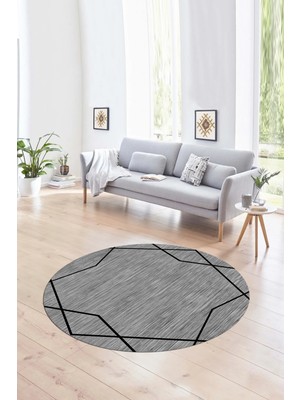 Napoli Home Dijital Kaymaz Taban Yıkanabilir Modern Desen Yuvarlak Mutfak Salon Halısı, N-Y-Modern-05-Gri,