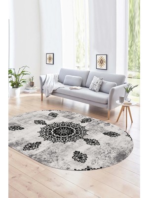 Napoli Home Dijital Kaymaz Yıkanabilir Modern Desen Oval Yolluk Mutfak Salon Halısı, N-O-Modern-45-Siyah,