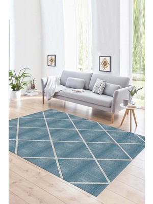 Napoli Home Dijital Baskılı Kaymaz Yıkanabilir Modern Desen Yolluk Mutfak Salon Halısı, N-MODERN-116-MAVİ,