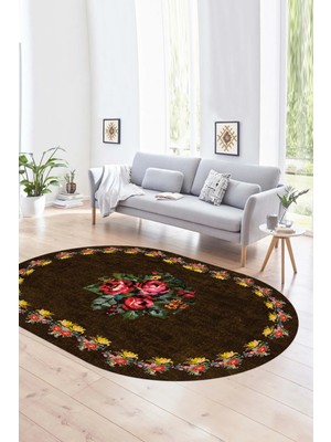 Napoli Home Dijital Kaymaz Yıkanabilir Modern Desen Oval Yolluk Mutfak Salon Halısı, N-O-Modern-20-Kahve,
