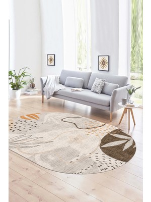Napoli Home Dijital Kaymaz Yıkanabilir Modern Desen Oval Yolluk Mutfak Salon Halısı, N-O-Modern-79-Vizon,