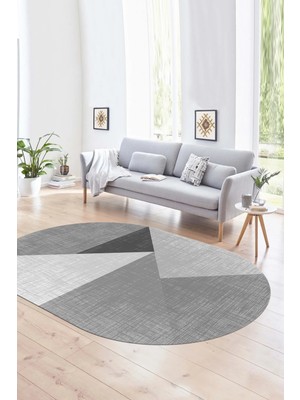 Napoli Home Dijital Kaymaz Yıkanabilir Modern Desen Oval Yolluk Mutfak Salon Halısı, N-O-Modern-38-Gri,