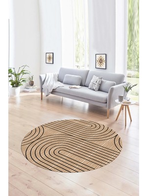 Napoli Home Dijital Kaymaz Taban Yıkanabilir Modern Desen Yuvarlak Mutfak Salon Halısı, N-Y-MODERN-110-BEJ,