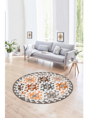 Napoli Home Dijital Kaymaz Taban Yıkanabilir Modern Desen Yuvarlak Mutfak Salon Halısı, N-Y-Modern-14-Kahve,