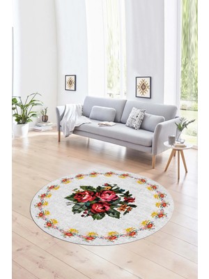 Napoli Home Dijital Kaymaz Taban Yıkanabilir Modern Desen Yuvarlak Mutfak Salon Halısı, N-Y-Modern-20-Beyaz,