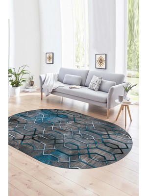 Napoli Home Dijital Kaymaz Yıkanabilir Modern Desen Oval Yolluk Mutfak Salon Halısı, N-O-Modern-90-Mavi,
