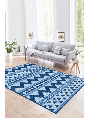 Napoli Home Dijital Baskılı Kaymaz Yıkanabilir Modern Desen Yolluk Mutfak Salon Halısı, N-MODERN-105-MAVİ,