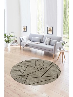 Napoli Home Dijital Kaymaz Taban Yıkanabilir Modern Desen Yuvarlak Mutfak Salon Halısı, N-Y-MODERN-117-VİZON,