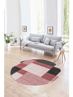 Napoli Home Dijital Kaymaz Taban Yıkanabilir Modern Desen Yuvarlak Mutfak Salon Halısı, N-Y-Modern-77-Kırmızı,