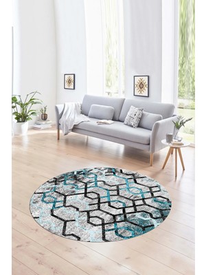 Napoli Home Dijital Kaymaz Taban Yıkanabilir Modern Desen Yuvarlak Mutfak Salon Halısı, N-Y-Modern-03-Mavi,
