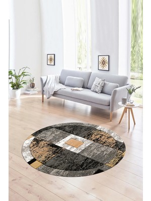 Napoli Home Dijital Kaymaz Taban Yıkanabilir Modern Desen Yuvarlak Mutfak Salon Halısı, N-Y-Modern-33-Gold,