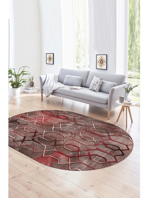 Napoli Home Dijital Kaymaz Yıkanabilir Modern Desen Oval Yolluk Mutfak Salon Halısı, N-O-Modern-90-Pembe,