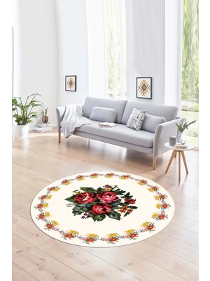Napoli Home Dijital Kaymaz Taban Yıkanabilir Modern Desen Yuvarlak Mutfak Salon Halısı, N-Y-Modern-20-Krem,