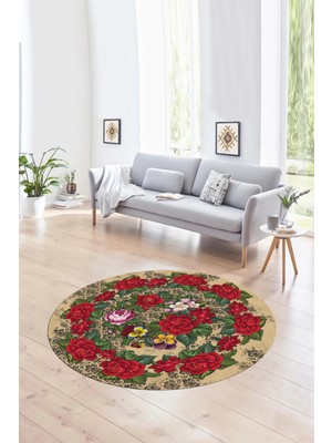 Napoli Home Dijital Kaymaz Taban Yıkanabilir Modern Desen Yuvarlak Mutfak Salon Halısı, N-Y-Modern-21-Krem,