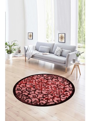 Napoli Home Dijital Kaymaz Taban Yıkanabilir Modern Desen Yuvarlak Mutfak Salon Halısı, N-Y-Modern-32-Bordo,