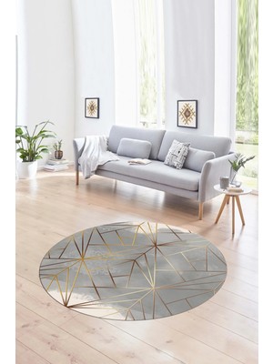 Napoli Home Dijital Kaymaz Taban Yıkanabilir Modern Desen Yuvarlak Mutfak Salon Halısı, N-Y-Modern-44-Gold,