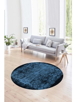 Napoli Home Dijital Kaymaz Taban Yıkanabilir Modern Desen Yuvarlak Mutfak Salon Halısı, N-Y-Modern-04-Mavi,