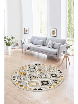 Napoli Home Dijital Kaymaz Taban Yıkanabilir Modern Desen Yuvarlak Mutfak Salon Halısı, N-Y-Modern-60-Sarı,
